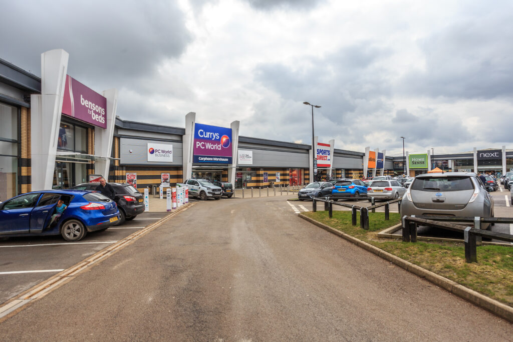 Bensons for Beds, Currys PC World and Sports Direct store fronts at Westside Shopping Park