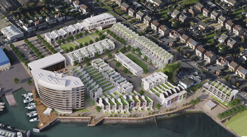 CGI visualisation of the proposed Trafalgar Wharf scheme, Portsmouth, showing waterfront housing and a car park building