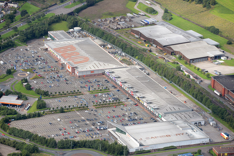 Aerial view of the Great Western Retail Park showing the B&Q and Sainsbury's stores and car parking
