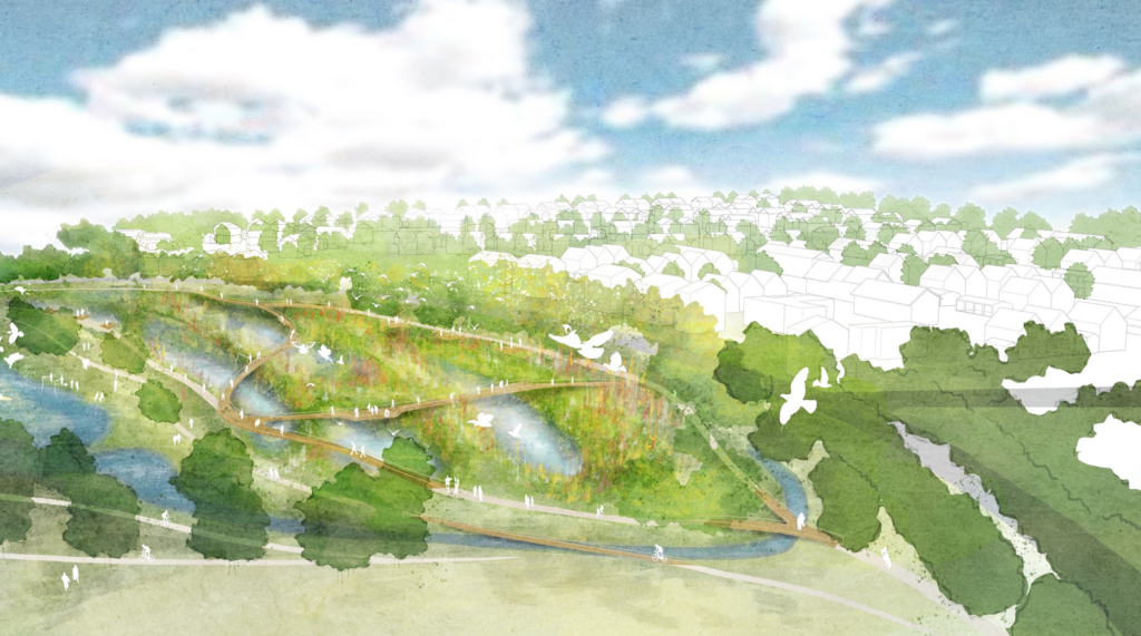 Illustrated masterplan of Eureka Park, Ashford, showing landscaped parkland, waterways and pedestrian paths